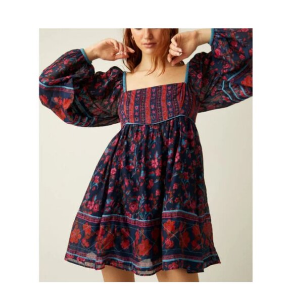 Free People Endless Afternoon Mini Dress Blue Red Floral Long Sleeve Babydoll - Picture 2 of 11